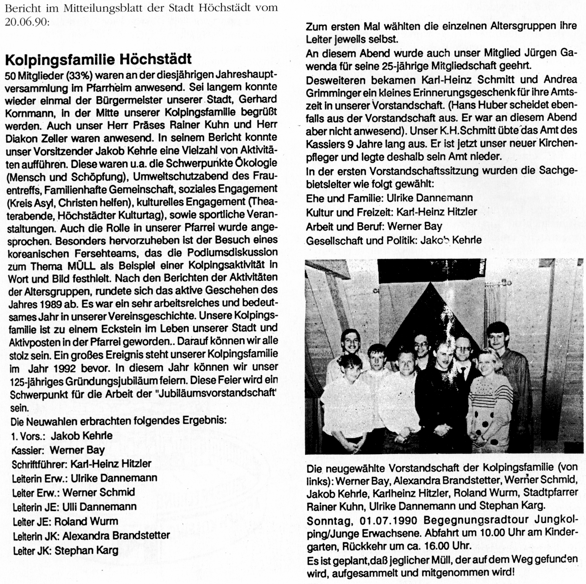 Bericht im Mitteilungsblatt der Stadt Höchstädt vom 20.06.1990 Bericht im Mitteilungsblatt der Stadt Höchstädt vom 20.06.1990
